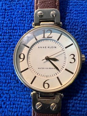 Anne Klein Silver Tone Case with White Dial and Brown Leather Strap Watch